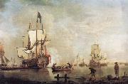 Thomas Mellish The Royal Caroline in a calm estuary flying a Royal standard and surrounded by an attendant barge and other small boats china oil painting reproduction